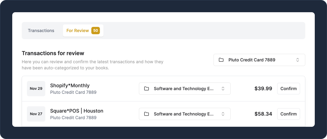 A screenshot of the Teal demo app, showing an example of the reviewing transactions workflow